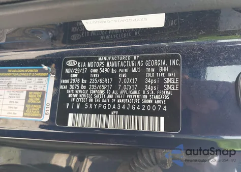 2018 Kia Sorento 2.4L Lx из США, поврежденный, VIN 5XYPGDA34JG420074